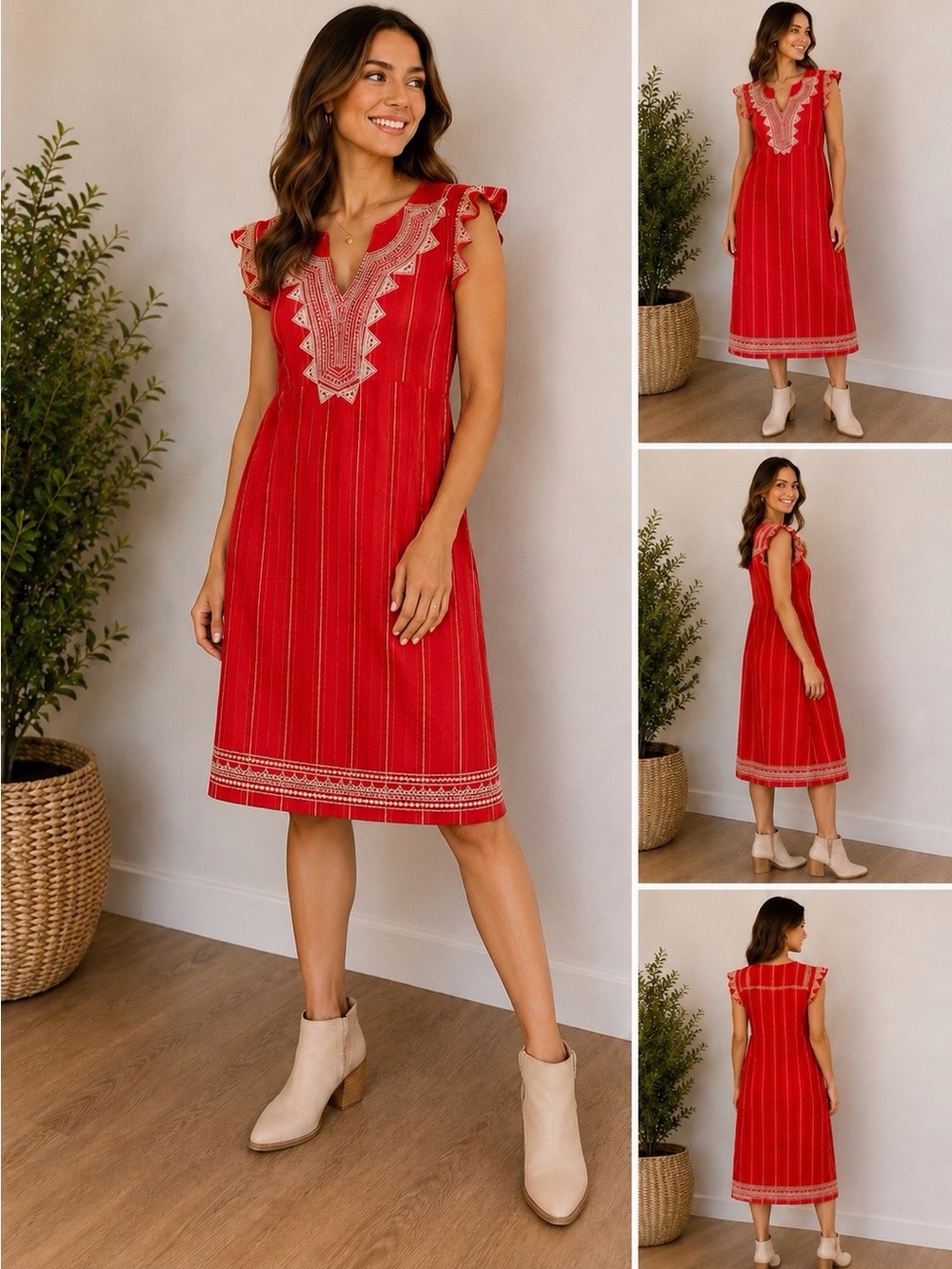 THML XS Red Embroidered Shift Dress Boho Sleeveless Cotton Blend Lined